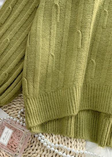 Aesthetic Green Blouse Cable High Neck Knitwear