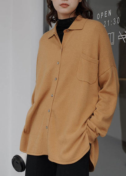 Aesthetic Khaki Knit Top Silhouette Lapel Collar Knitwear Fall
