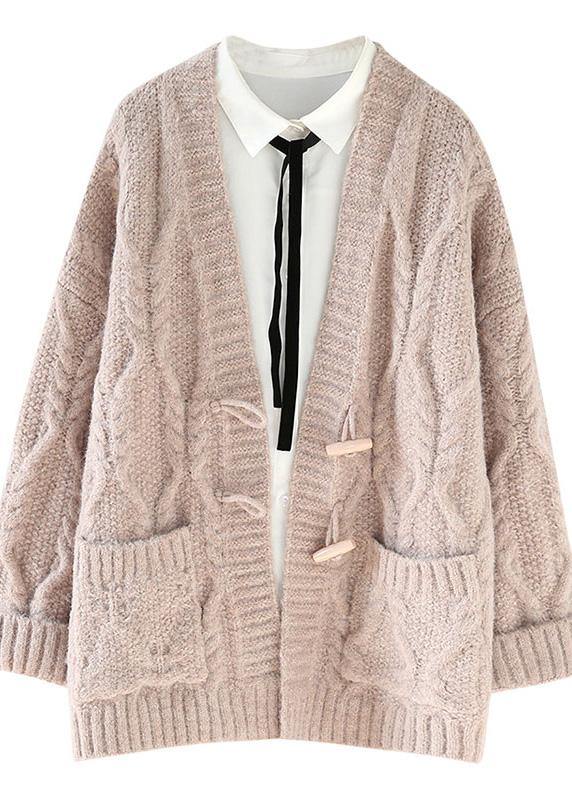 Aesthetic Knitwear Loose Fitting Pink V Neck Pockets Knit Cardigans