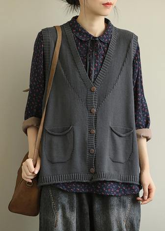 Aesthetic Knitwear Dark Gray V Neck Sleeveless Knitted Jackets