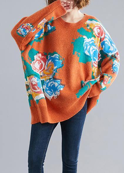 Aesthetic Orange Print Knit Tops O Neck Knitwear