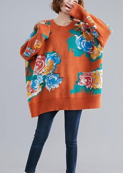 Aesthetic Orange Print Knit Tops O Neck Knitwear