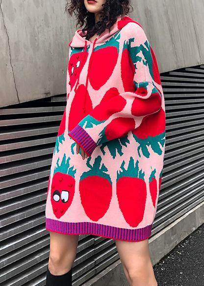 Aesthetic Pink Print Knit Blouse Loose Fitting Knit Hooded Drawstring Tops