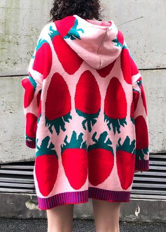 Aesthetic Pink Print Knit Blouse Loose Fitting Knit Hooded Drawstring Tops