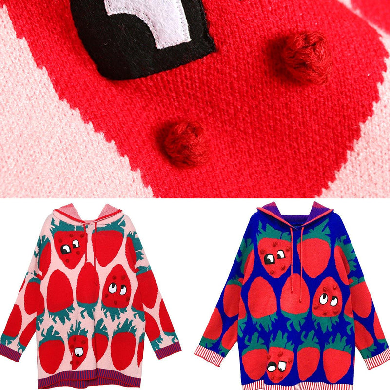 Aesthetic Pink Print Knit Blouse Loose Fitting Knit Hooded Drawstring Tops