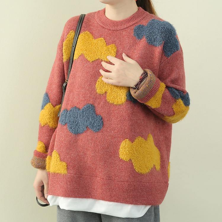 Aesthetic Red Cloud Knit Sweaters O Neck False Two Pieces Knit Blouse