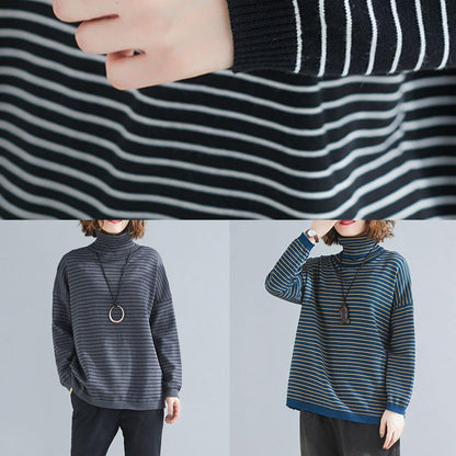 Aesthetic Spring Blue Striped Knit Tops Clothing High Neck Clothes for