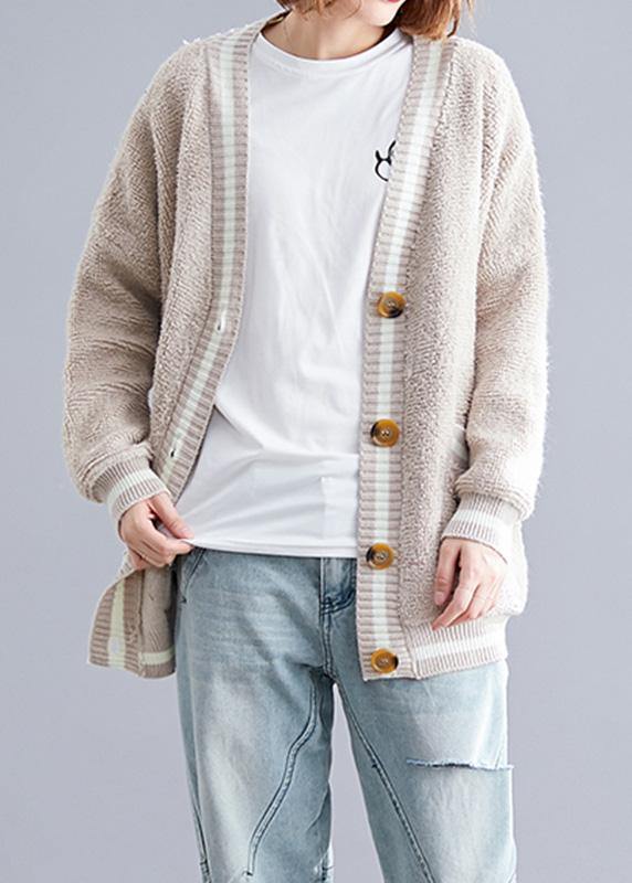 Aesthetic V Neck Beige Knit Outwear Oversized Fall