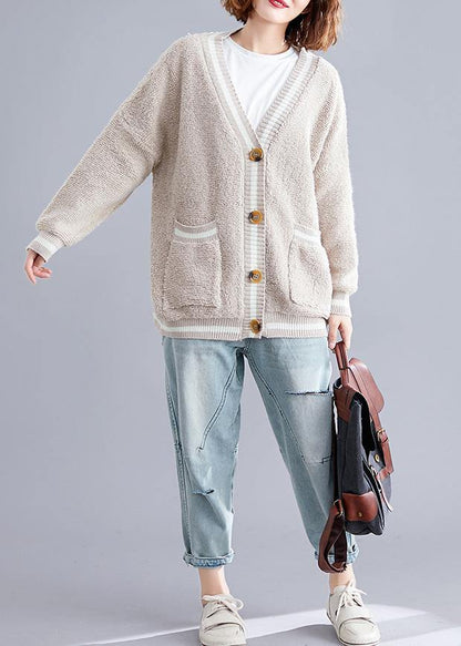 Aesthetic V Neck Beige Knit Outwear Oversized Fall