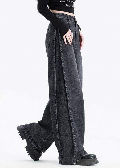 American Style Black Pockets High Waist Denim Pants Spring