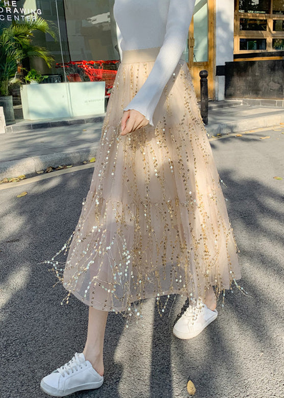 Apricot Elastic Waist Sequins Tulle a Line Skirts Spring