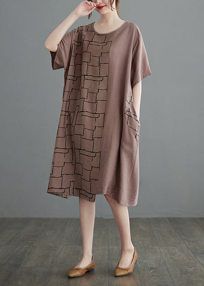 Apricot Loose Cotton Dress O-neck Short Sleeve