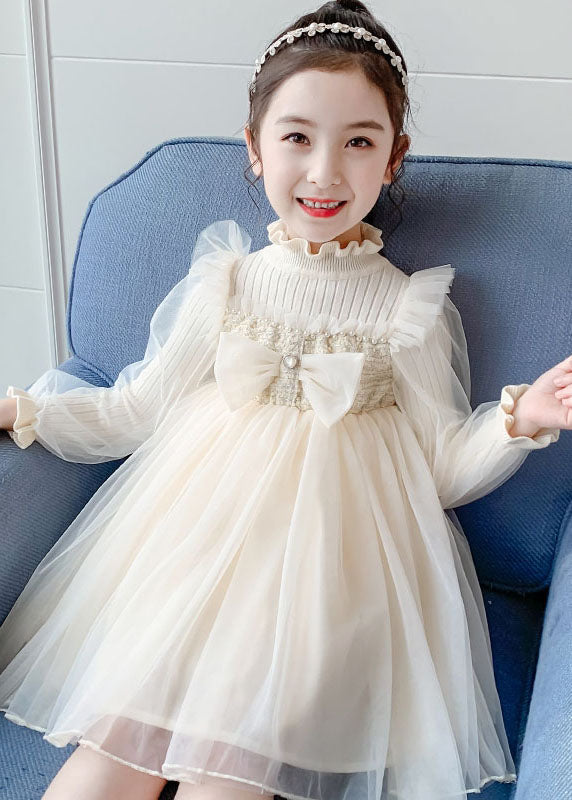 Apricot Nail Bead Knit Patchwork Tulle Long Dress Long Sleeve