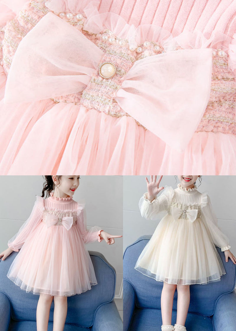 Apricot Nail Bead Knit Patchwork Tulle Long Dress Long Sleeve