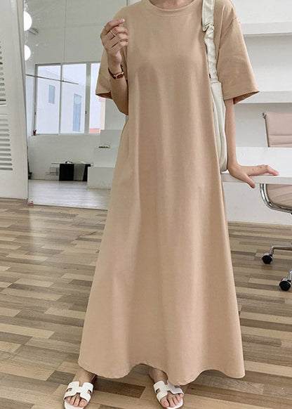 Apricot O-neck Cozy Cotton Long Dresses Short Sleeve