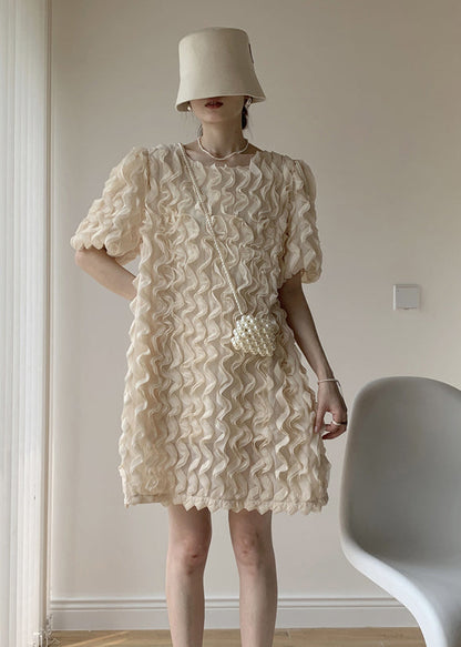 Apricot Patchwork Tulle Mid Dress Ruffled O-neck Puff Sleeve