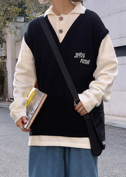 Art Beige Embroideried Cozy Patchwork Knit Sweater Spring