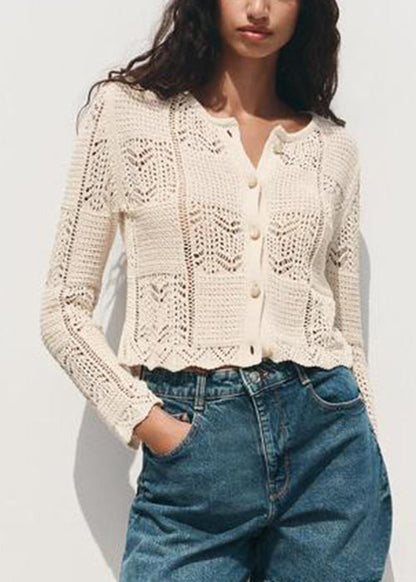 Art Beige O Neck Button Hollow Out Knit Tops Summer