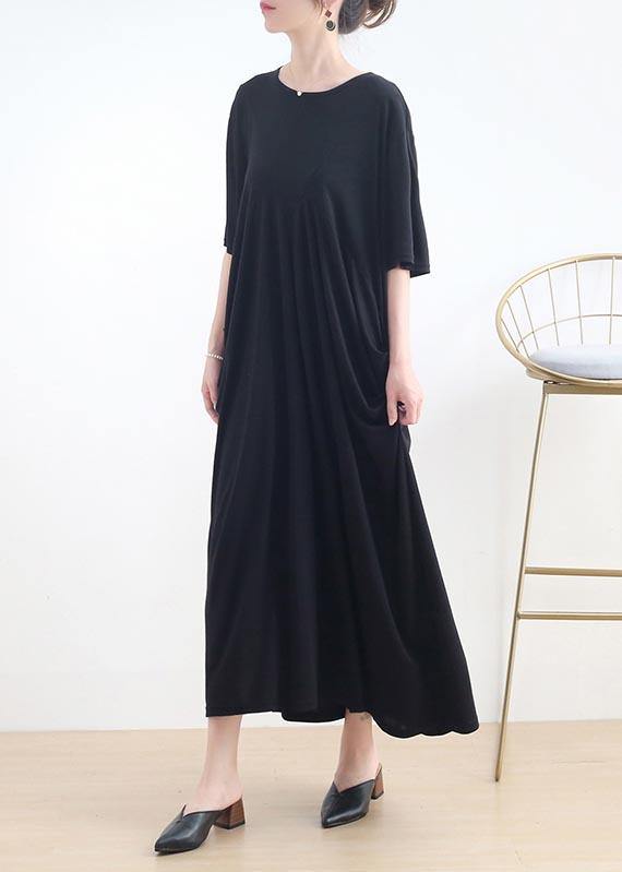 Art Black Cinched O-neck Summer Cotton Dress
