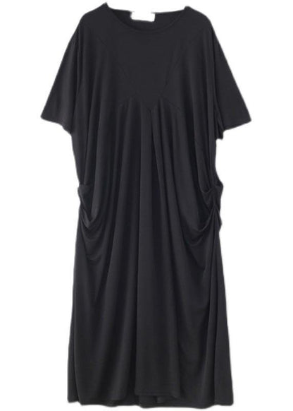 Art Black Cinched O-neck Summer Cotton Dress