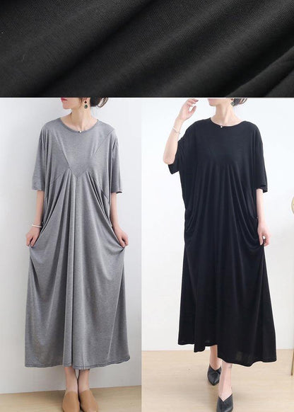Art Black Cinched O-neck Summer Cotton Dress