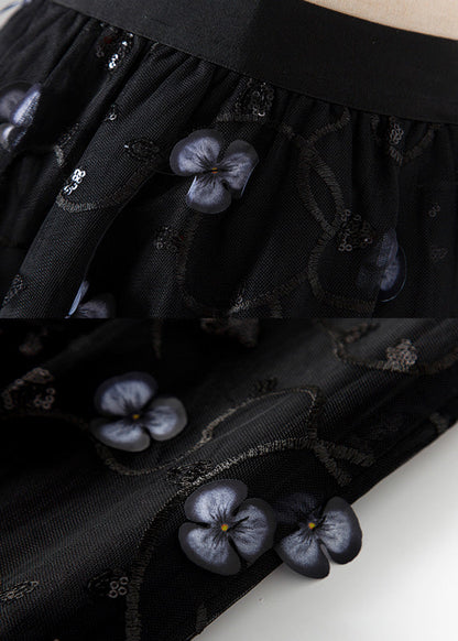 Art Black Embroideried High Waist Tulle Pleated Skirts Spring