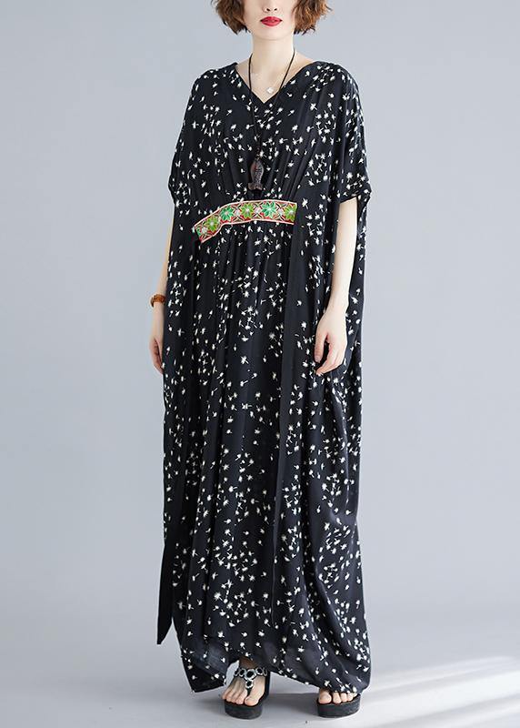 Art Black Print Cotton Cinched Summer Maxi Dress