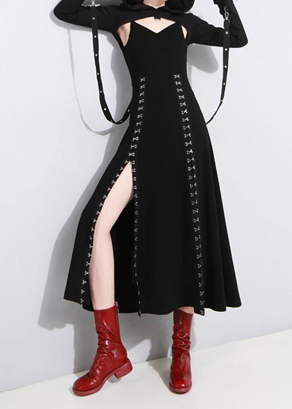 Art Black Summer Side Open Cotton Spaghetti Strap Dress