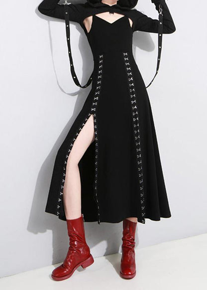 Art Black Summer Side Open Cotton Spaghetti Strap Dress