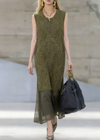 Art Blackish Green Hollow Out Knit Dress and Lace Skirts Two Pieces Set Summer