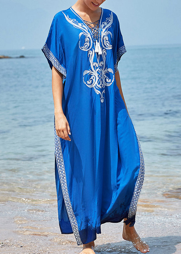 Art Blue Embroideried Side Open Maxi Holiday Dress Short Sleeve