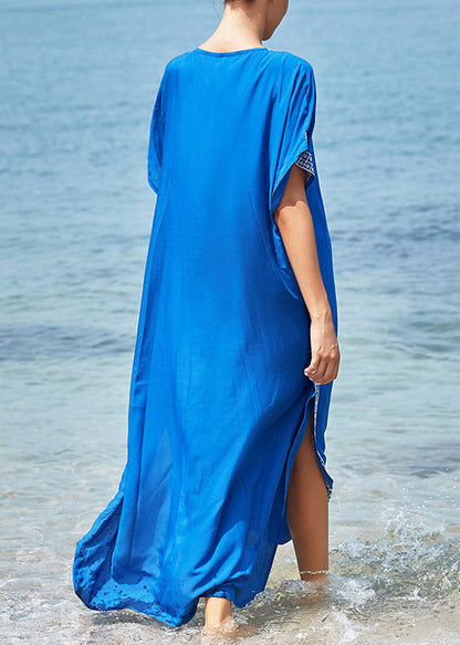 Art Blue Embroideried Side Open Maxi Holiday Dress Short Sleeve