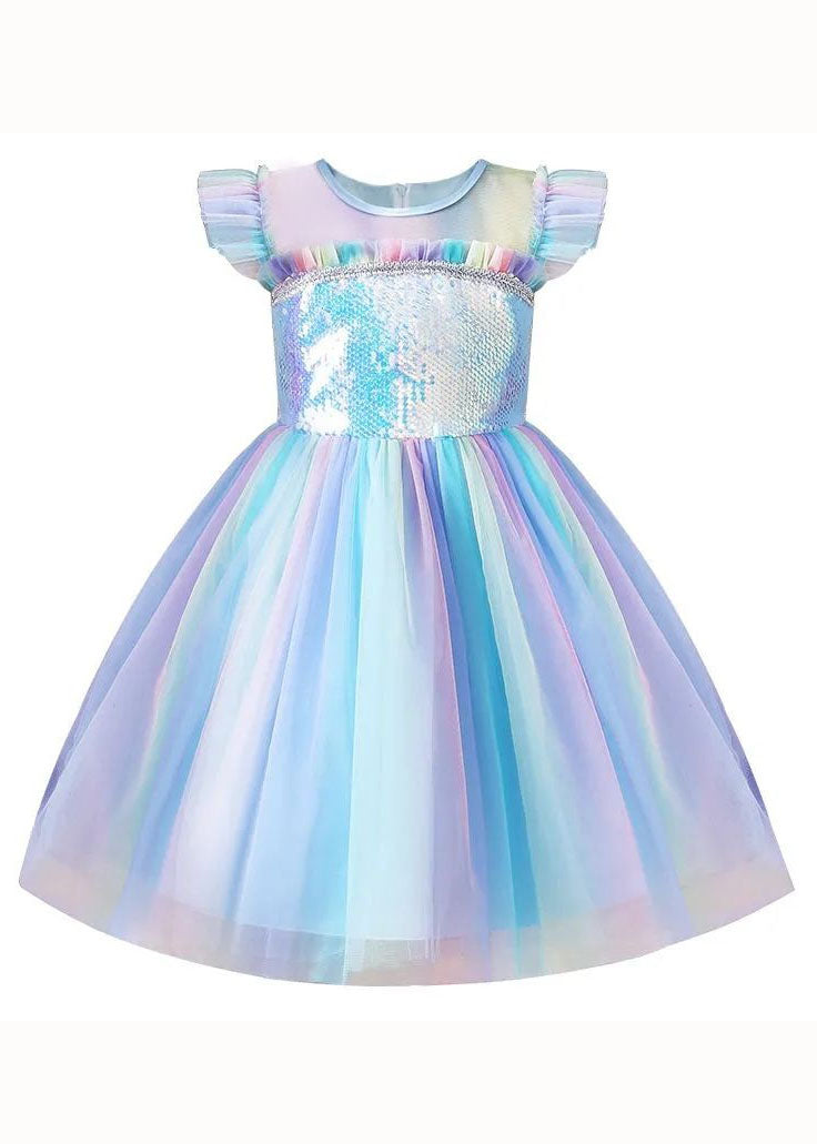 Art Blue Gradient Ruffled Sequins Patchwork Tulle Kids Dresses Summer