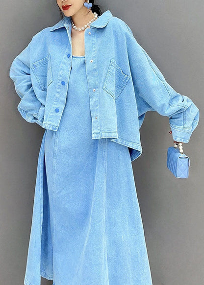 Art Blue Peter Pan Collar Patchwork Coat and Dress Denim Two Pieces Set Spring