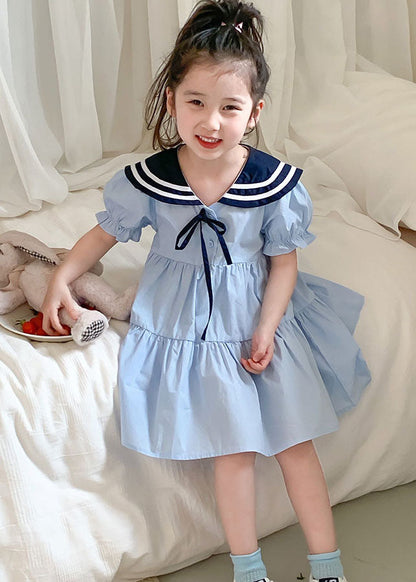 Art Blue Peter Pan Collar Wrinkled Patchwork Cotton Kids Dress Summer