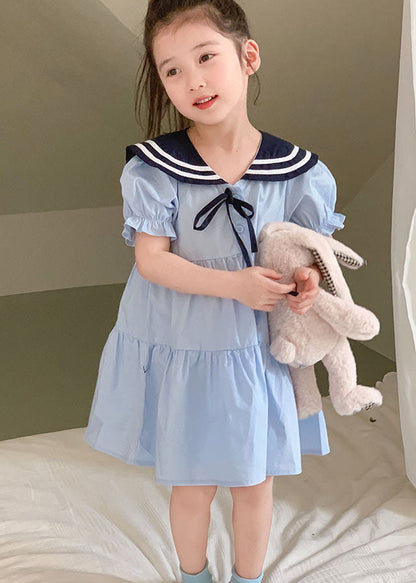 Art Blue Peter Pan Collar Wrinkled Patchwork Cotton Kids Dress Summer