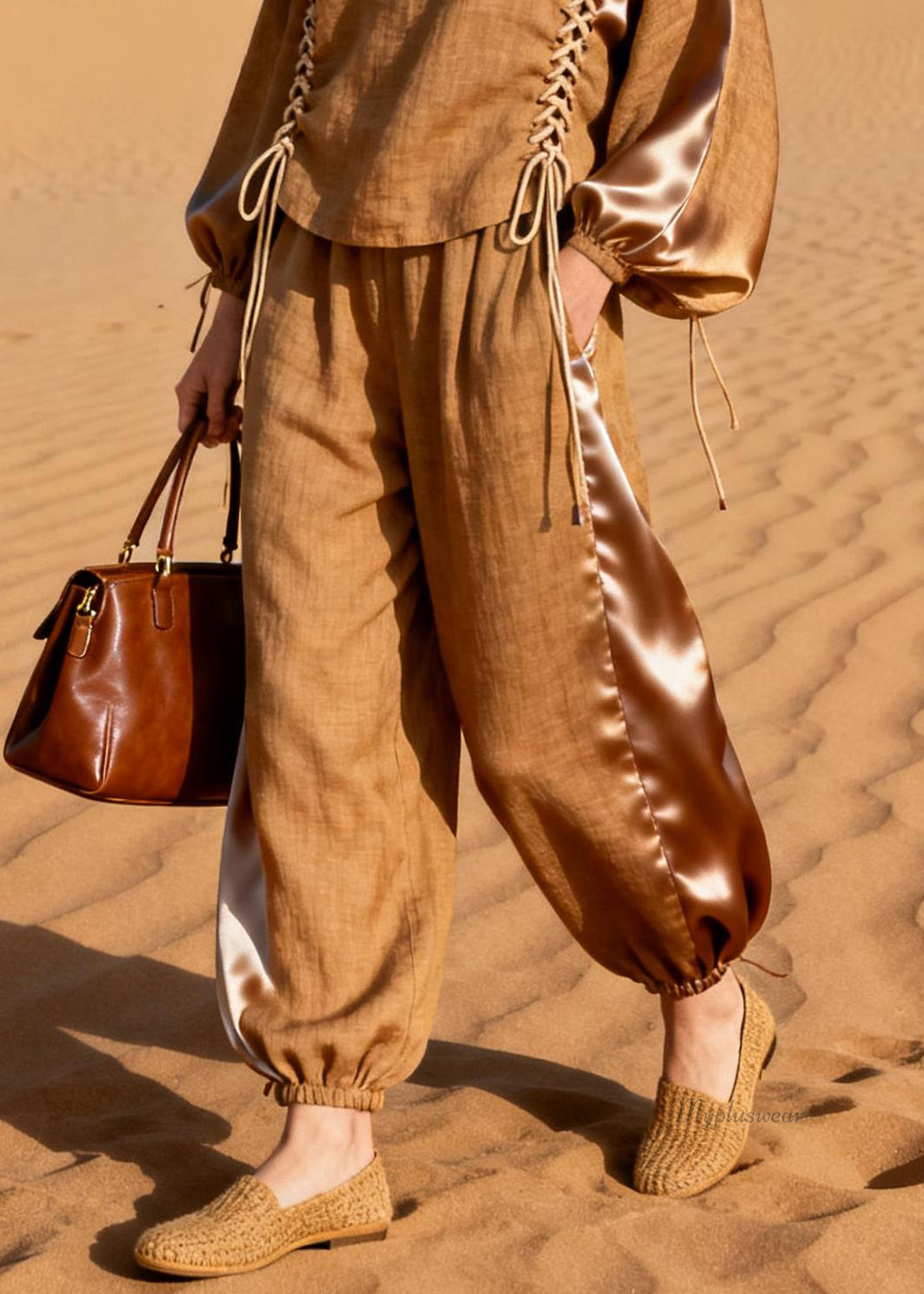 Art Brown Button Lace Up Patchwork Silk Linen Two Piece Set Spring