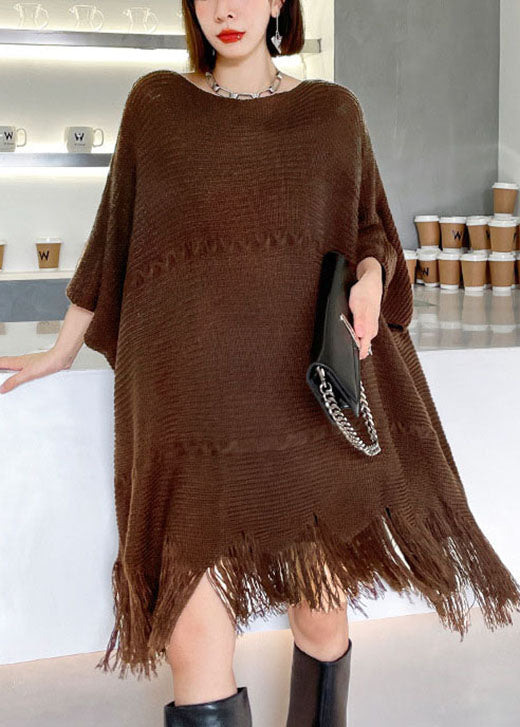 Art Chocolate Tasseled Asymmetrical Design Loose Fall Knit Dress