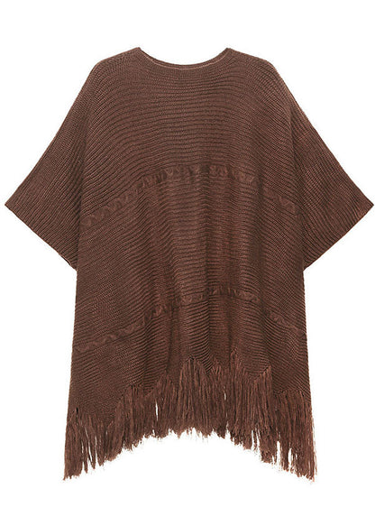 Art Chocolate Tasseled Asymmetrical Design Loose Fall Knit Dress