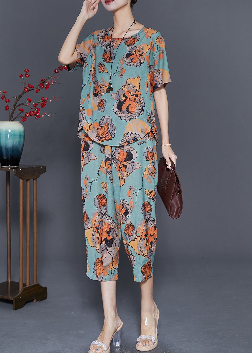 Art Green Butterfly Print Linen Two Piece Set Clothing Summer
