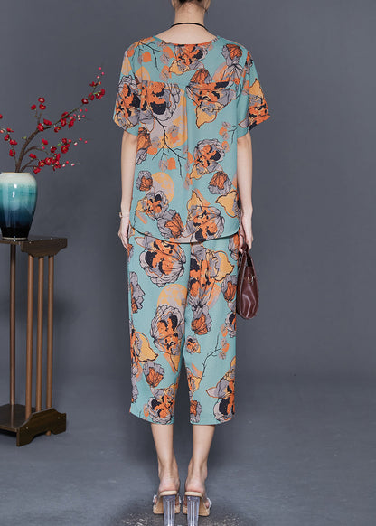 Art Green Butterfly Print Linen Two Piece Set Clothing Summer