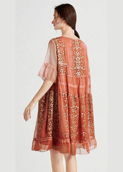 Art Green Embroideried O-neck Loose Summer Flare Sleeve Dress