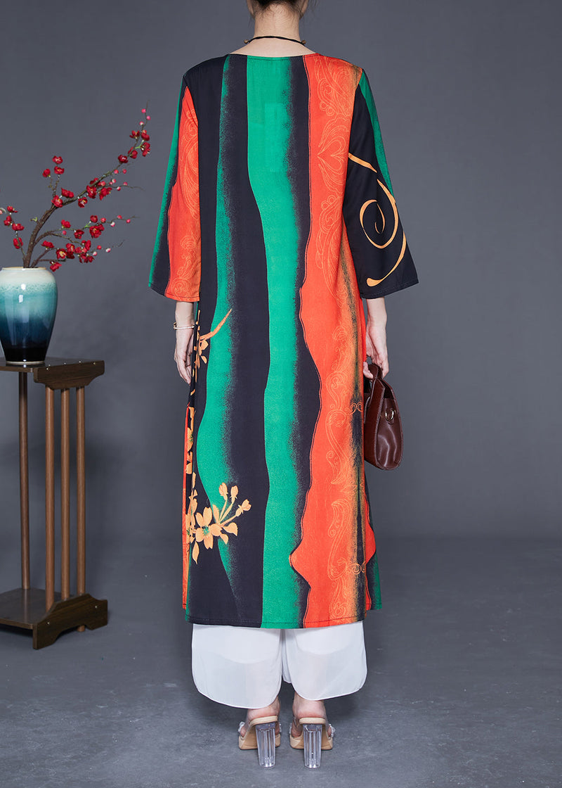 Art Green O-neck Print Silk a Line Dress Bracelet Sleeve