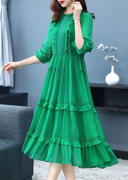 Art Green O-neck Ruffled Patchwork Silk Two-piece Set Dress Summer