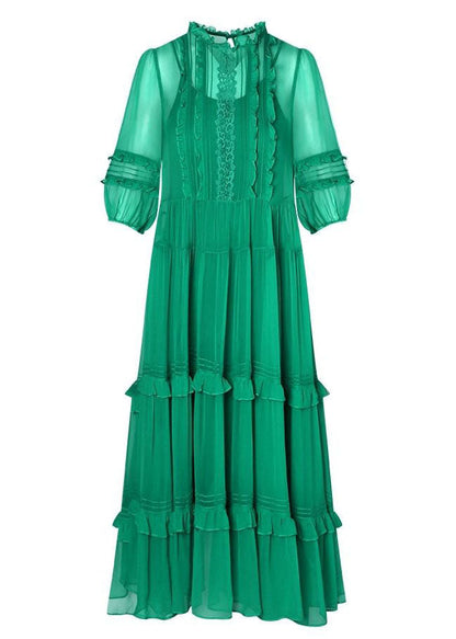Art Green O-neck Ruffled Patchwork Silk Two-piece Set Dress Summer