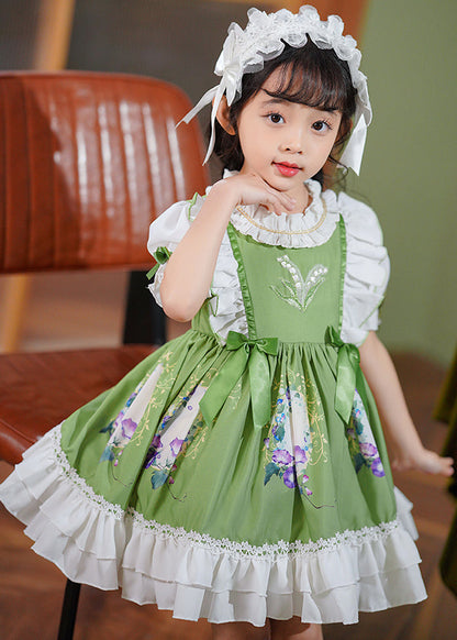 Art Green Ruffled Patchwork Bow Cotton Baby Maxi Dresses Summer