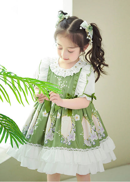 Art Green Ruffled Patchwork Print Cotton Baby Dresses Summer