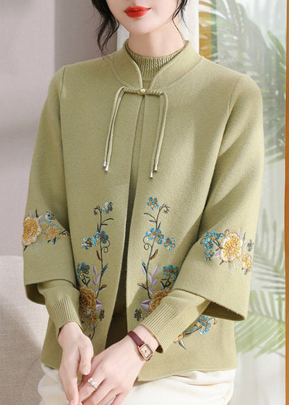 Art Green Stand Collar Cotton Knit Coats and Sweater Two Pieces Set Spring