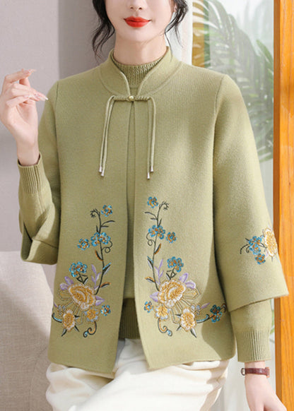 Art Green Stand Collar Cotton Knit Coats and Sweater Two Pieces Set Spring
