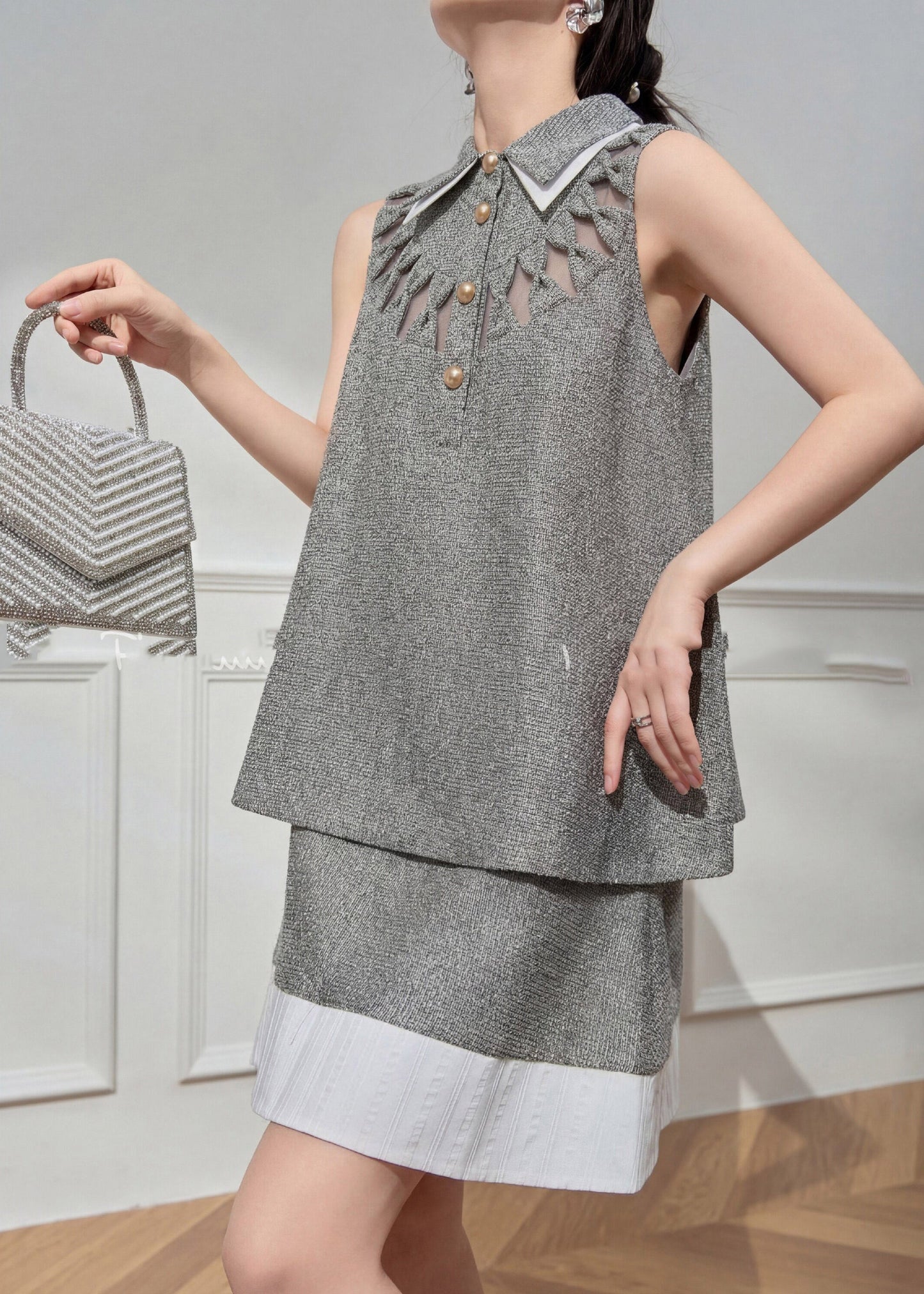 Art Grey Peter Pan Collar Hollow Out Top and Skirts Two Pieces Set Summer